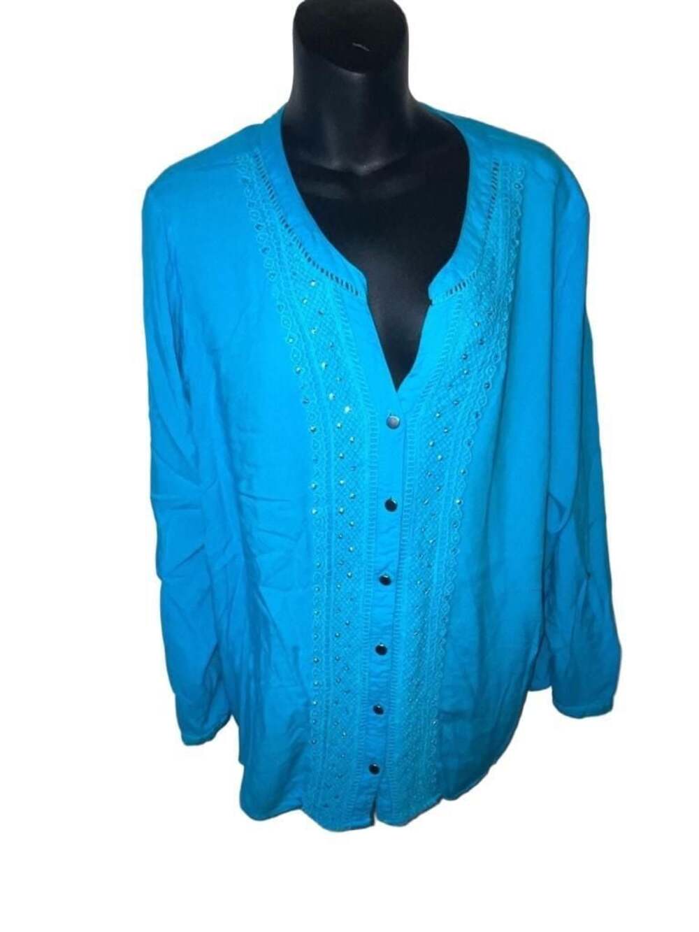 JM Coll. Women's Teal Button-up Tunic Shirt studded Crochet Front Detail XL